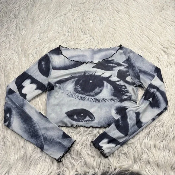 Unbranded Women's S Eye Face Print Cropped Mesh Top Lettuce Edge Artsy E-Girl - Picture 1 of 4